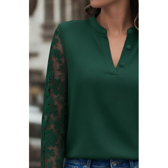 Kadın Uzun Kollu Yaka Düğme Detay Güpürlü Kol Krep Bluz, 29312