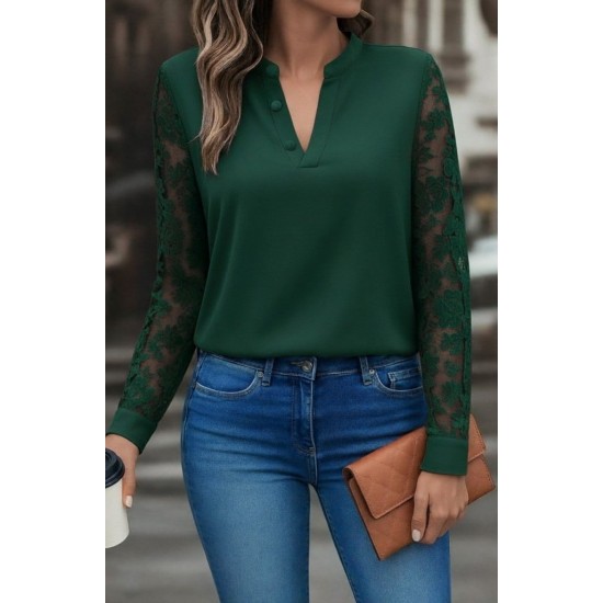 Kadın Uzun Kollu Yaka Düğme Detay Güpürlü Kol Krep Bluz, 29312