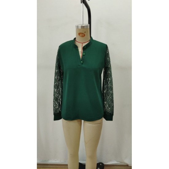 Kadın Uzun Kollu Yaka Düğme Detay Güpürlü Kol Krep Bluz, 29312