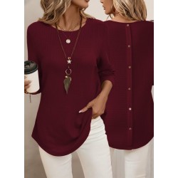 Kadın Uzun Kollu Yuvarlak Yaka Arkadan Düğmeli Waffle Bluz , 29307