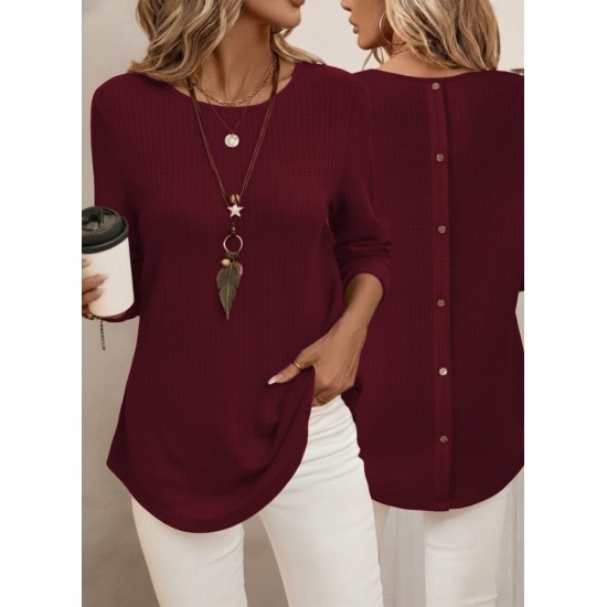 Kadın Uzun Kollu Yuvarlak Yaka Arkadan Düğmeli Waffle Bluz , 29307