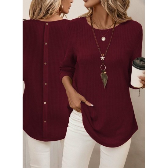 Kadın Uzun Kollu Yuvarlak Yaka Arkadan Düğmeli Waffle Bluz , 29307