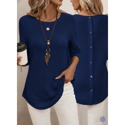 Kadın Uzun Kollu Yuvarlak Yaka Arkadan Düğmeli Waffle Bluz , 29306