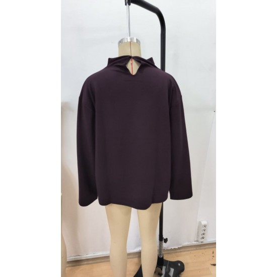 Kadın Uzun Kollu Geniş Balıkçı Yaka Modal Mürdüm Bluz , 29298