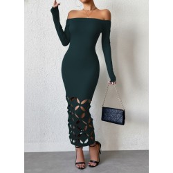 Kadın Madonna Yaka Uzun Kollu Lazer çiçek Kesim Detaylı Uzun Ithal Krep Elbise, 29294