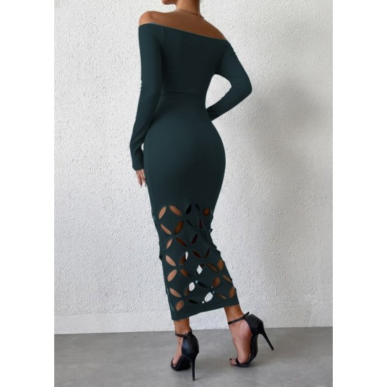 Kadın Madonna Yaka Uzun Kollu Lazer çiçek Kesim Detaylı Uzun Ithal Krep Elbise, 29294