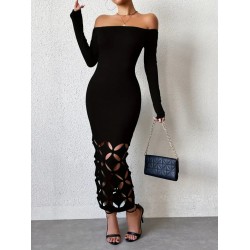 Kadın Madonna Yaka Uzun Kollu Lazer çiçek Kesim Detaylı Uzun Ithal Krep Elbise , 29293