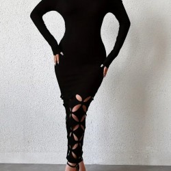 Kadın Madonna Yaka Uzun Kollu Lazer çiçek Kesim Detaylı Uzun Ithal Krep Elbise , 29293