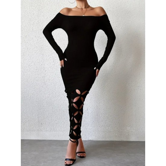 Kadın Madonna Yaka Uzun Kollu Lazer çiçek Kesim Detaylı Uzun Ithal Krep Elbise , 29293