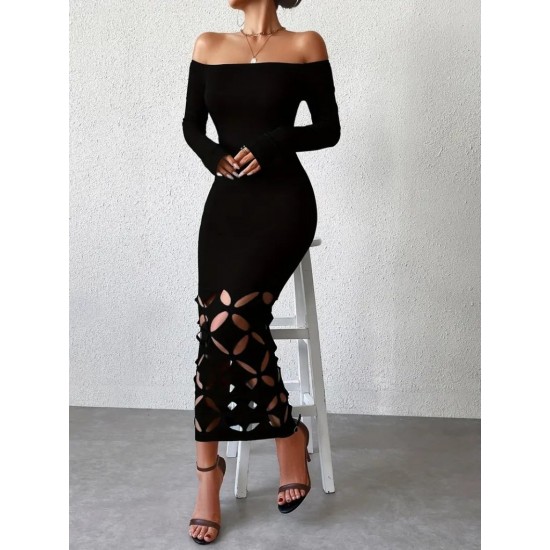 Kadın Madonna Yaka Uzun Kollu Lazer çiçek Kesim Detaylı Uzun Ithal Krep Elbise , 29293