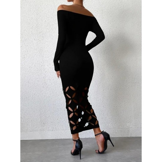 Kadın Madonna Yaka Uzun Kollu Lazer çiçek Kesim Detaylı Uzun Ithal Krep Elbise , 29293