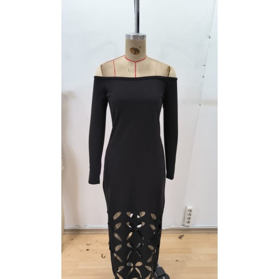 Kadın Madonna Yaka Uzun Kollu Lazer çiçek Kesim Detaylı Uzun Ithal Krep Elbise , 29293