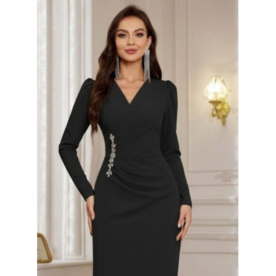 Kadın Uzun Kollu Kruvaze Yakalı Yanları Taşlı Yırtmaçlı Uzun Ithal Krep Elbise, 29292