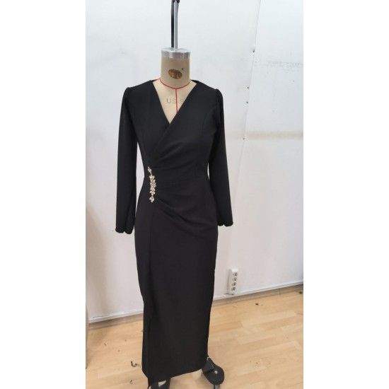 Kadın Uzun Kollu Kruvaze Yakalı Yanları Taşlı Yırtmaçlı Uzun Ithal Krep Elbise, 29292