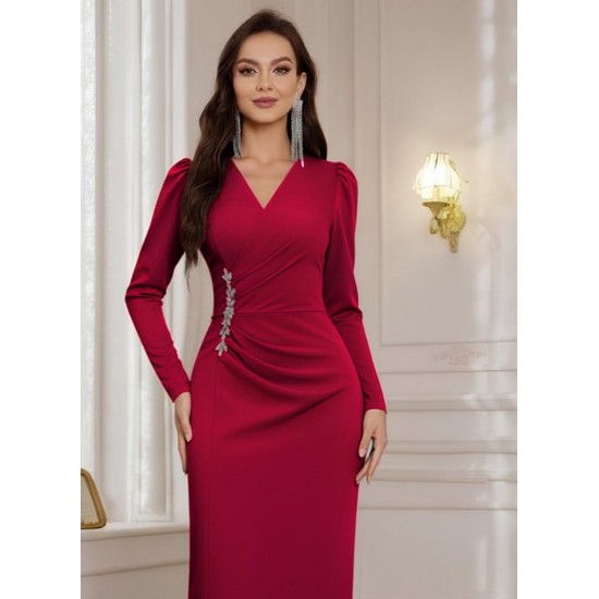 Kadın Uzun Kollu Kruvaze Yakalı Yanları Taşlı Yırtmaçlı Uzun Ithal Krep Elbise, 29290