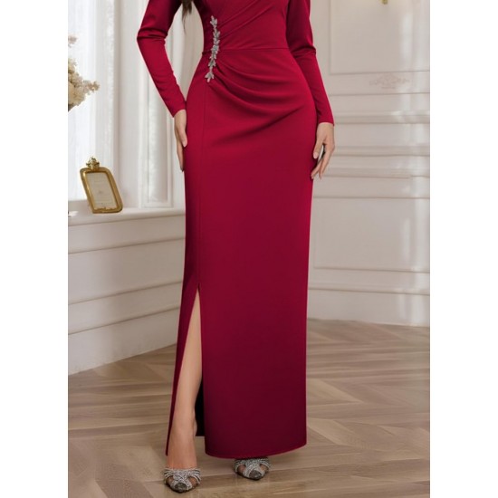 Kadın Uzun Kollu Kruvaze Yakalı Yanları Taşlı Yırtmaçlı Uzun Ithal Krep Elbise, 29290