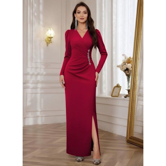 Kadın Uzun Kollu Kruvaze Yakalı Yanları Taşlı Yırtmaçlı Uzun Ithal Krep Elbise, 29290