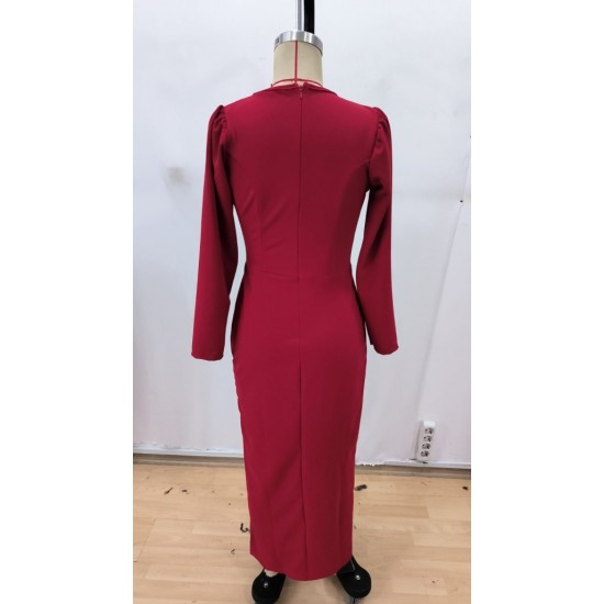 Kadın Uzun Kollu Kruvaze Yakalı Yanları Taşlı Yırtmaçlı Uzun Ithal Krep Elbise, 29290