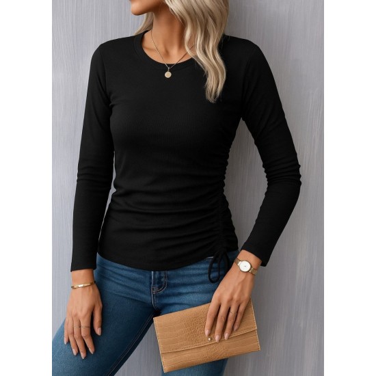 Kadın Uzun Kollu Bisiklet Yaka Yanları Ve Kolları Büzgülü Kadife Bluz, 29317