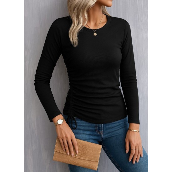 Kadın Uzun Kollu Bisiklet Yaka Yanları Ve Kolları Büzgülü Kadife Bluz, 29317