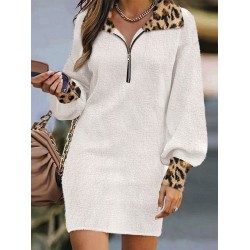 Kadın Uzun Kollu Yakalı önden Fermuarlı Leopar Detaylı Mini Peluş Elbise , 29321