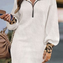 Kadın Uzun Kollu Yakalı önden Fermuarlı Leopar Detaylı Mini Peluş Elbise , 29321