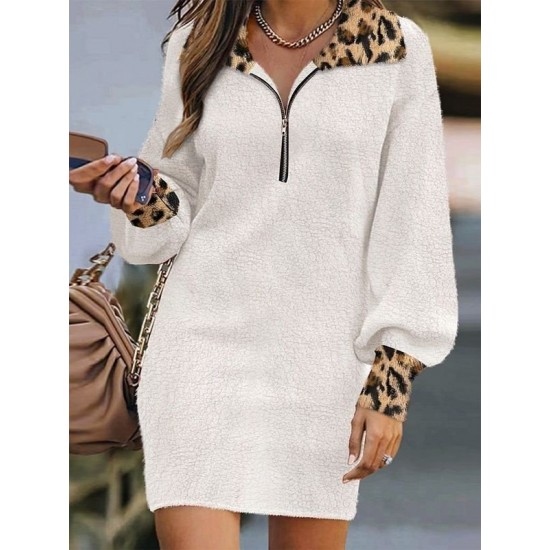 Kadın Uzun Kollu Yakalı önden Fermuarlı Leopar Detaylı Mini Peluş Elbise , 29321