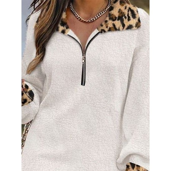 Kadın Uzun Kollu Yakalı önden Fermuarlı Leopar Detaylı Mini Peluş Elbise , 29321