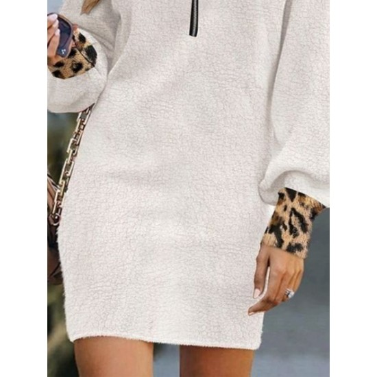 Kadın Uzun Kollu Yakalı önden Fermuarlı Leopar Detaylı Mini Peluş Elbise , 29321