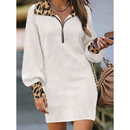 Kadın Uzun Kollu Yakalı önden Fermuarlı Leopar Detaylı Mini Peluş Elbise , 29321