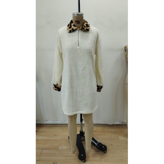 Kadın Uzun Kollu Yakalı önden Fermuarlı Leopar Detaylı Mini Peluş Elbise , 29321