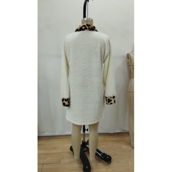 Kadın Uzun Kollu Yakalı önden Fermuarlı Leopar Detaylı Mini Peluş Elbise , 29321