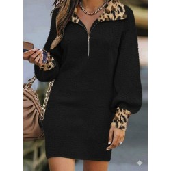 Kadın Uzun Kollu Yakalı önden Fermuarlı Leopar Detaylı Mini Peluş Elbise , 29320