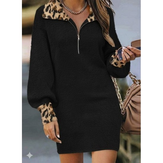 Kadın Uzun Kollu Yakalı önden Fermuarlı Leopar Detaylı Mini Peluş Elbise , 29320