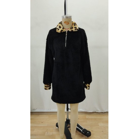 Kadın Uzun Kollu Yakalı önden Fermuarlı Leopar Detaylı Mini Peluş Elbise , 29320