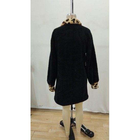 Kadın Uzun Kollu Yakalı önden Fermuarlı Leopar Detaylı Mini Peluş Elbise , 29320
