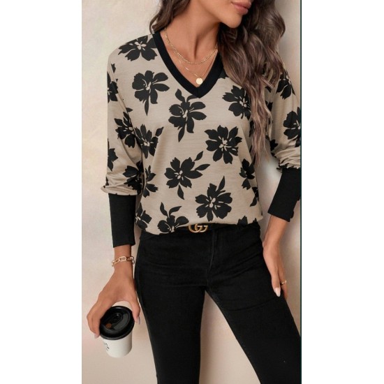 Kadın Uzun Kollu V Yakalı Desenli Süprem Bluz , 29332