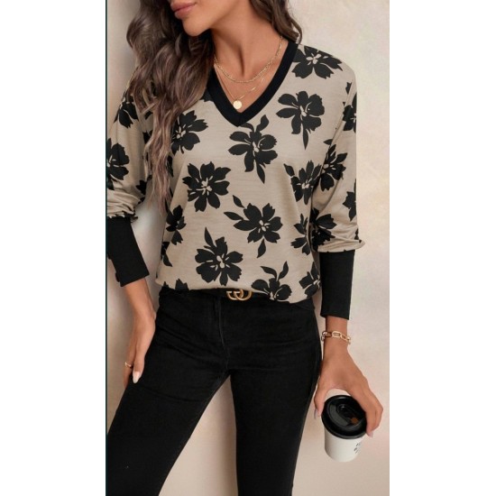Kadın Uzun Kollu V Yakalı Desenli Süprem Bluz , 29332