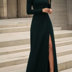 Kadın Uzun Kollu Madonna Yakalı Yırtmaç Detaylı Uzun Ithal Krep Elbise, 29326