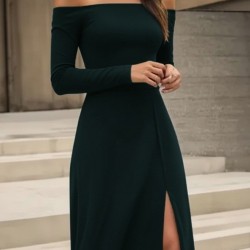 Kadın Uzun Kollu Madonna Yakalı Yırtmaç Detaylı Uzun Ithal Krep Elbise, 29326