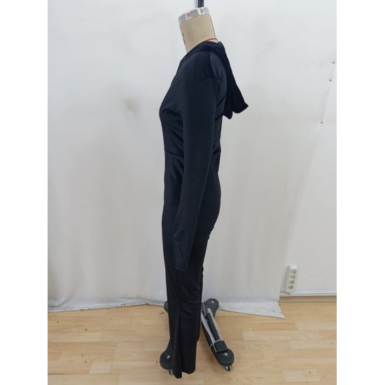 Kadın Uzun Kollu Kapşonlu Fermuarlı Kadife Tulum , 29333