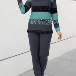 Kadın Uzun Kollu Bisiklet Yaka çizgili Desen Iki Iplik Bluz Ve Pantolon Ikili Takım, 29340