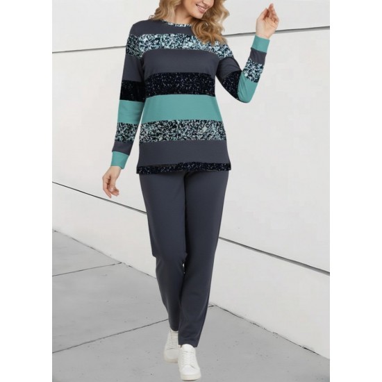 Kadın Uzun Kollu Bisiklet Yaka çizgili Desen Iki Iplik Bluz Ve Pantolon Ikili Takım, 29340 Kadın Uzun Kollu Bisiklet Yaka çizgili Desen Iki Iplik Bluz Ve Pantolon Ikili Takım, 29340