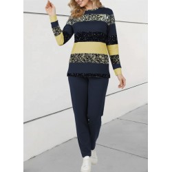 Kadın Uzun Kollu Bisiklet Yaka çizgili Desen Iki Iplik Bluz Ve Pantolon Ikili Takım , 29338 Kadın Uzun Kollu Bisiklet Yaka çizgili Desen Iki Iplik Bluz Ve Pantolon Ikili Takım , 29338