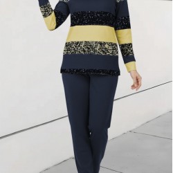 Kadın Uzun Kollu Bisiklet Yaka çizgili Desen Iki Iplik Bluz Ve Pantolon Ikili Takım , 29338