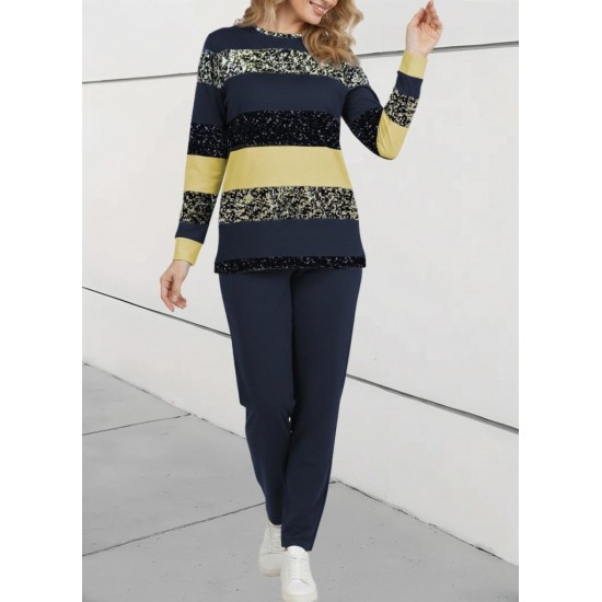 Kadın Uzun Kollu Bisiklet Yaka çizgili Desen Iki Iplik Bluz Ve Pantolon Ikili Takım , 29338 Kadın Uzun Kollu Bisiklet Yaka çizgili Desen Iki Iplik Bluz Ve Pantolon Ikili Takım , 29338