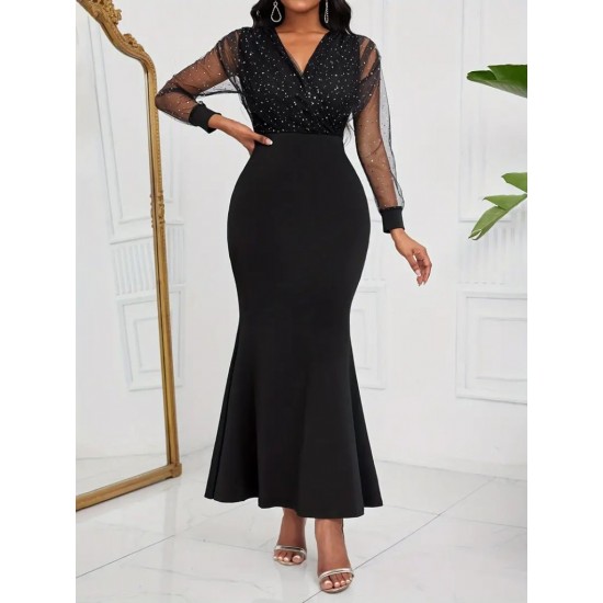 Kadın Uzun Kollu Kruvaze Yakalı Taş Ve Tül Detaylı Uzun Ithal Krep Elbise, 29356 Kadın Uzun Kollu Kruvaze Yakalı Taş Ve Tül Detaylı Uzun Ithal Krep Elbise, 29356