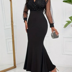 Kadın Uzun Kollu Kruvaze Yakalı Taş Ve Tül Detaylı Uzun Ithal Krep Elbise, 29356 Kadın Uzun Kollu Kruvaze Yakalı Taş Ve Tül Detaylı Uzun Ithal Krep Elbise, 29356