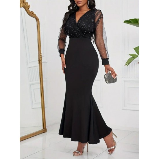 Kadın Uzun Kollu Kruvaze Yakalı Taş Ve Tül Detaylı Uzun Ithal Krep Elbise, 29356 Kadın Uzun Kollu Kruvaze Yakalı Taş Ve Tül Detaylı Uzun Ithal Krep Elbise, 29356