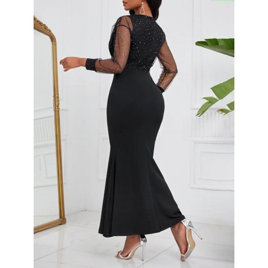 Kadın Uzun Kollu Kruvaze Yakalı Taş Ve Tül Detaylı Uzun Ithal Krep Elbise, 29356 Kadın Uzun Kollu Kruvaze Yakalı Taş Ve Tül Detaylı Uzun Ithal Krep Elbise, 29356